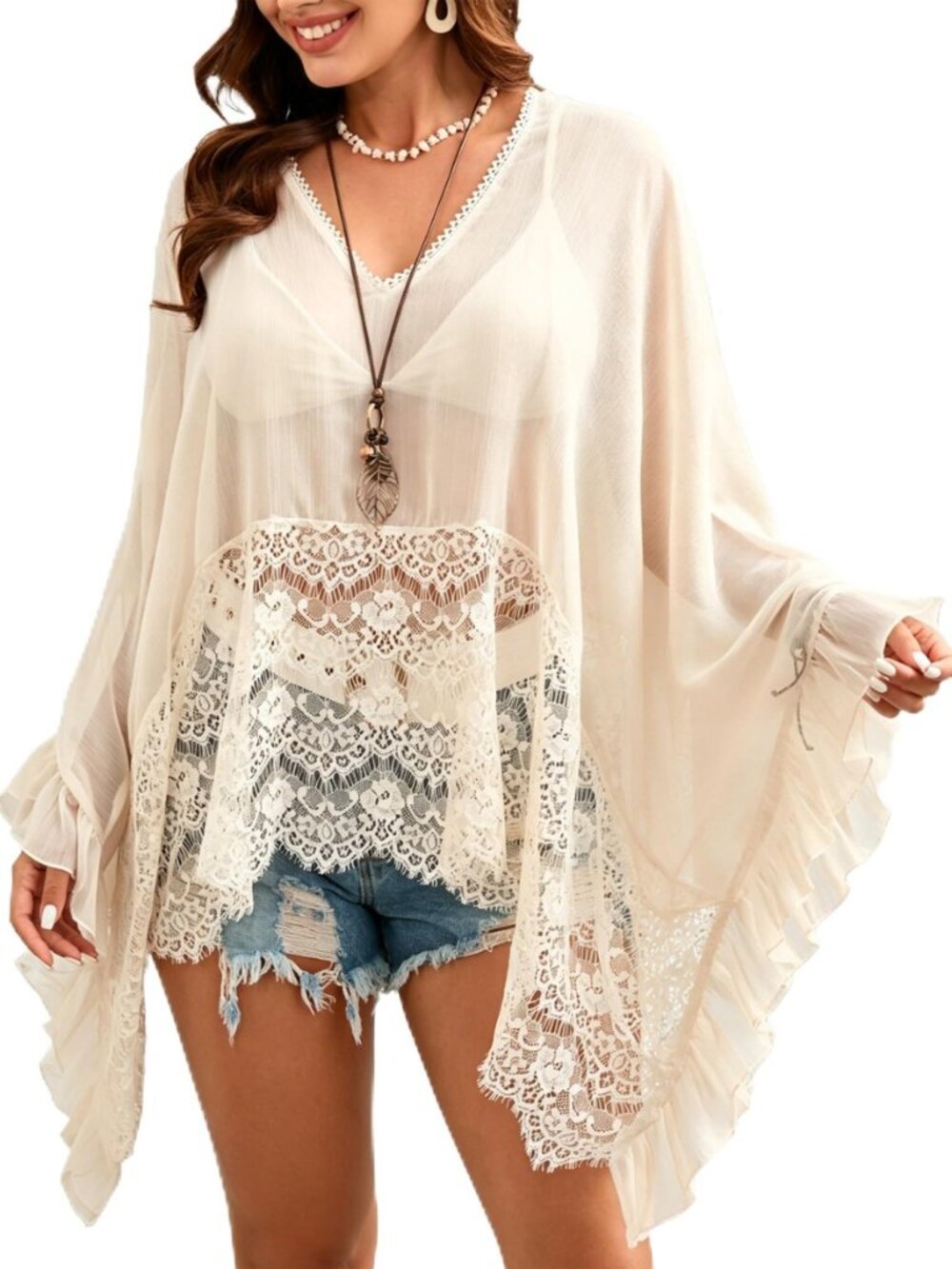 Women's Sheer Poncho Top Knit Summer Lace See-Through Shawl Shrug
